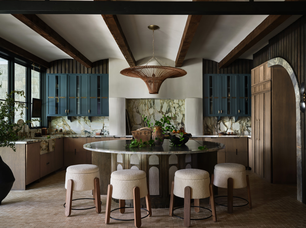 Kitchen - transitional l-shaped beige floor, exposed beam and vaulted ceiling kitchen idea in Dallas with a farmhouse sink, shaker cabinets, blue cabinets, multicolored backsplash, stone slab backsplash, paneled appliances, an island and multicolored countertops