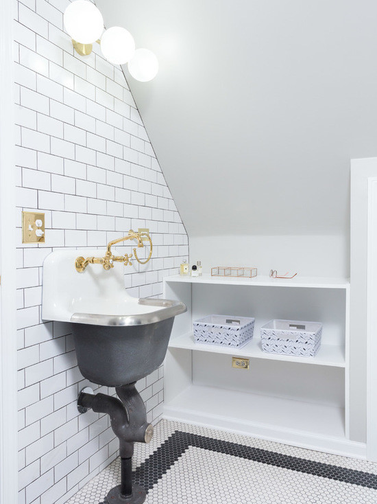 This is an example of a small transitional 3/4 bathroom in Chicago with flat-panel cabinets, white cabinets, a corner shower, a two-piece toilet, white tile, subway tile, white walls, mosaic tile floors and a pedestal sink.