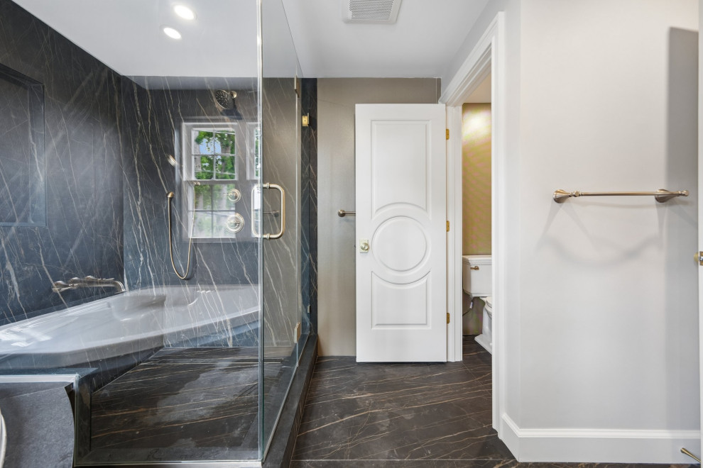 Black Marble Wet Room Bath in Teaneck, NJ Remodel
