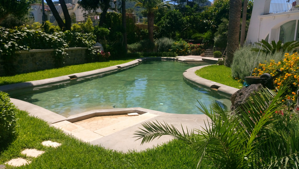 This is an example of a large mediterranean backyard custom-shaped pool in Naples with a hot tub.