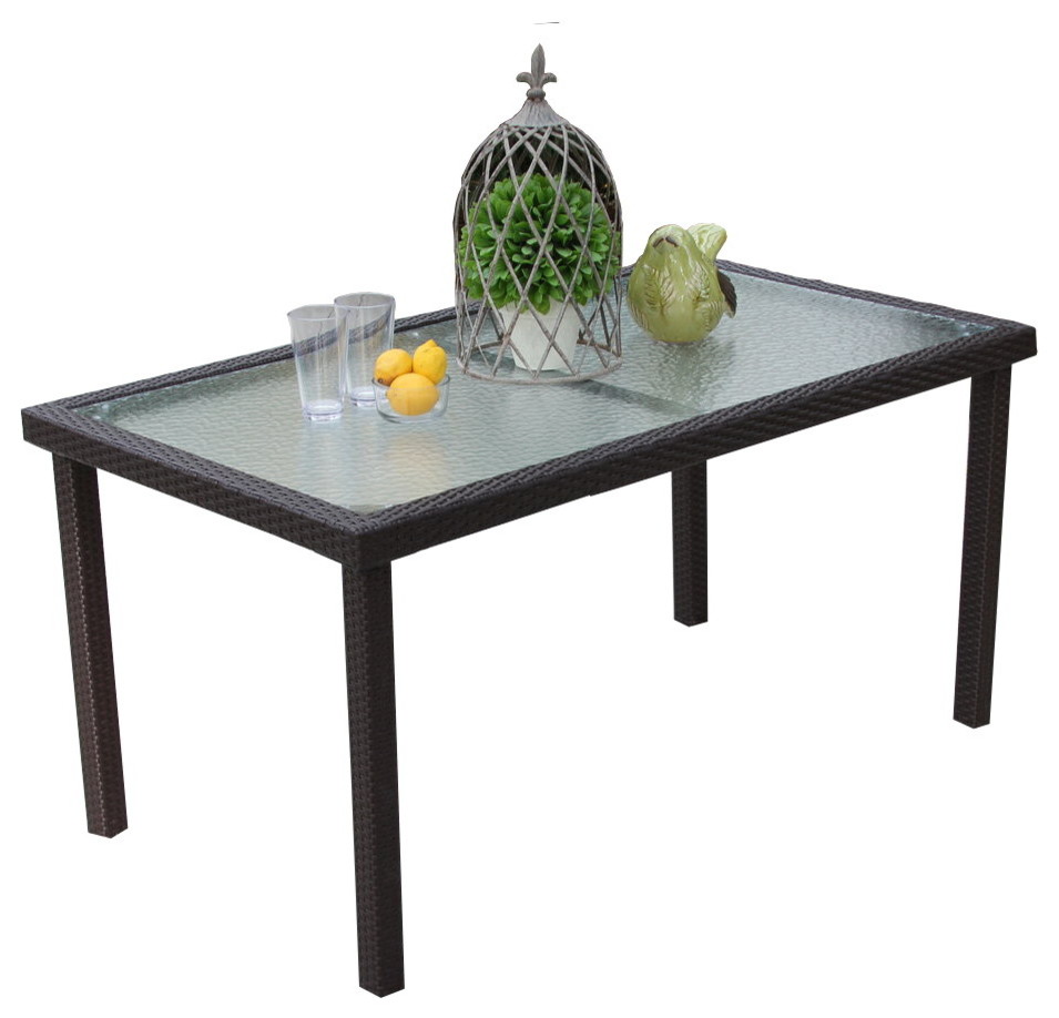 Outdoor Rectangular Brown Wicker Glass Top Dining Table - Tropical