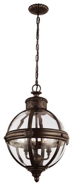 Sphere Glass Cage 3-Light Pendant Chandelier, British Bronze