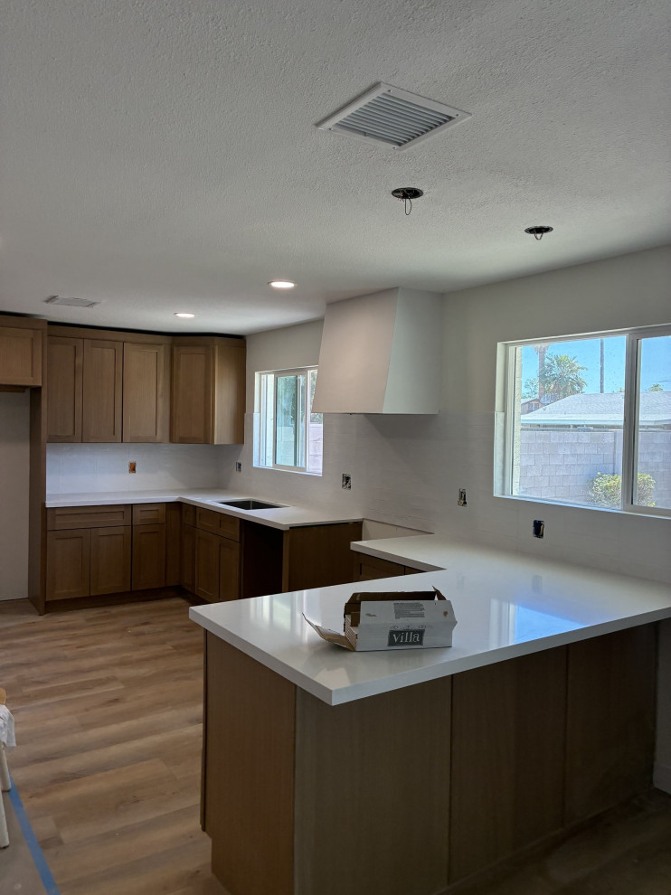 White Oak Kitchen — Quartz Tops and Drywall Hood