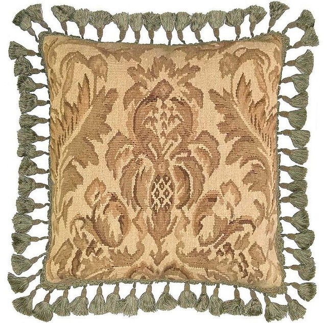 Pillow Throw Aubusson 20x20 Beige Back Velvet Down Feather Insert Traditional Decorative