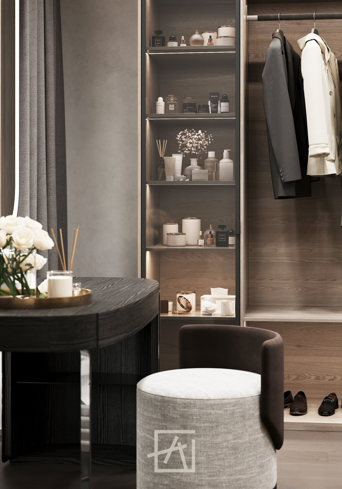 Стильная гардеробная с туалетным столиком