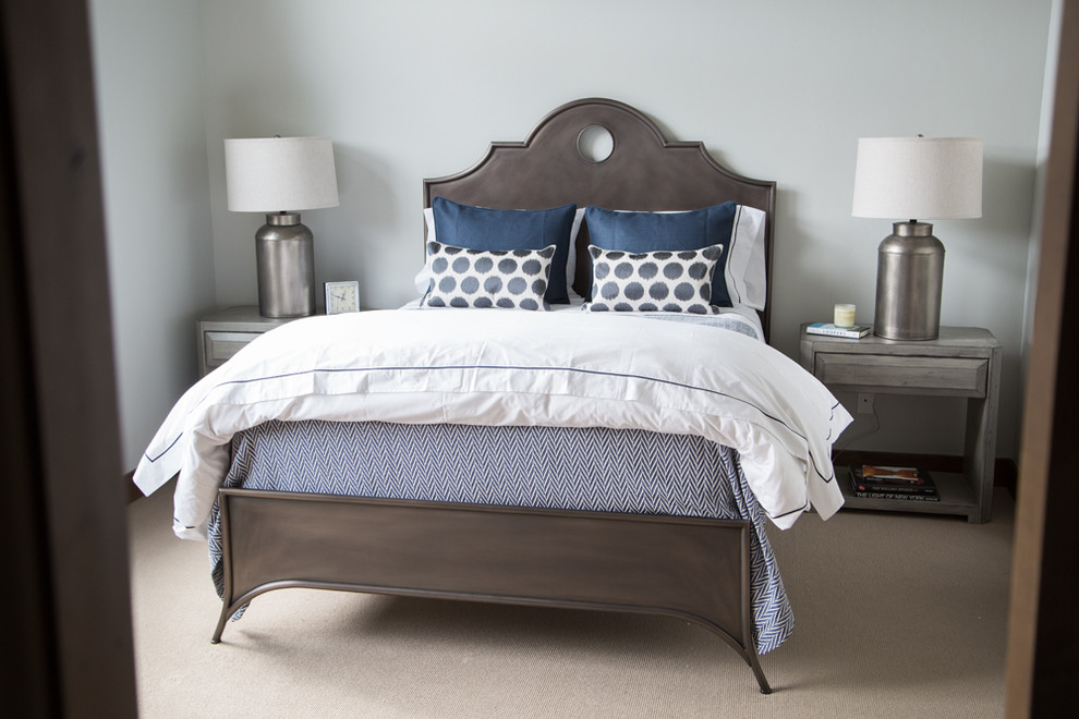 Inspiration for a transitional bedroom in Boise with grey walls, carpet and beige floor.