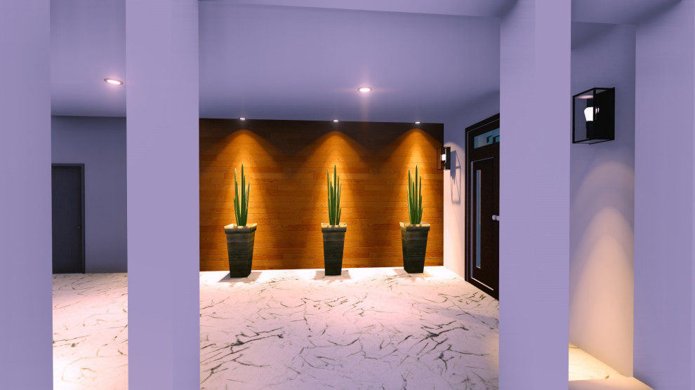 Источник вдохновения для домашнего уюта: коридор среднего размера в современном стиле с белыми стенами, полом из керамической плитки, белым полом, потолком с обоями и обоями на стенах