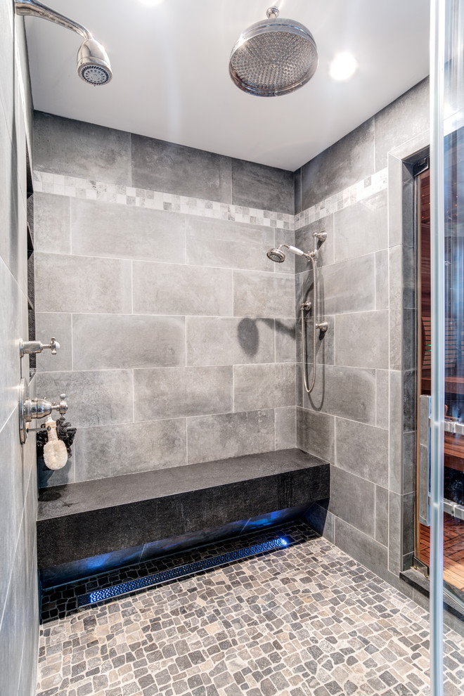 Inspiration for a large country master bathroom in New York with shaker cabinets, light wood cabinets, an open shower, a one-piece toilet, gray tile, cement tile, grey walls, cement tiles, an undermount sink, granite benchtops, grey floor, a sliding shower screen and a claw-foot tub.