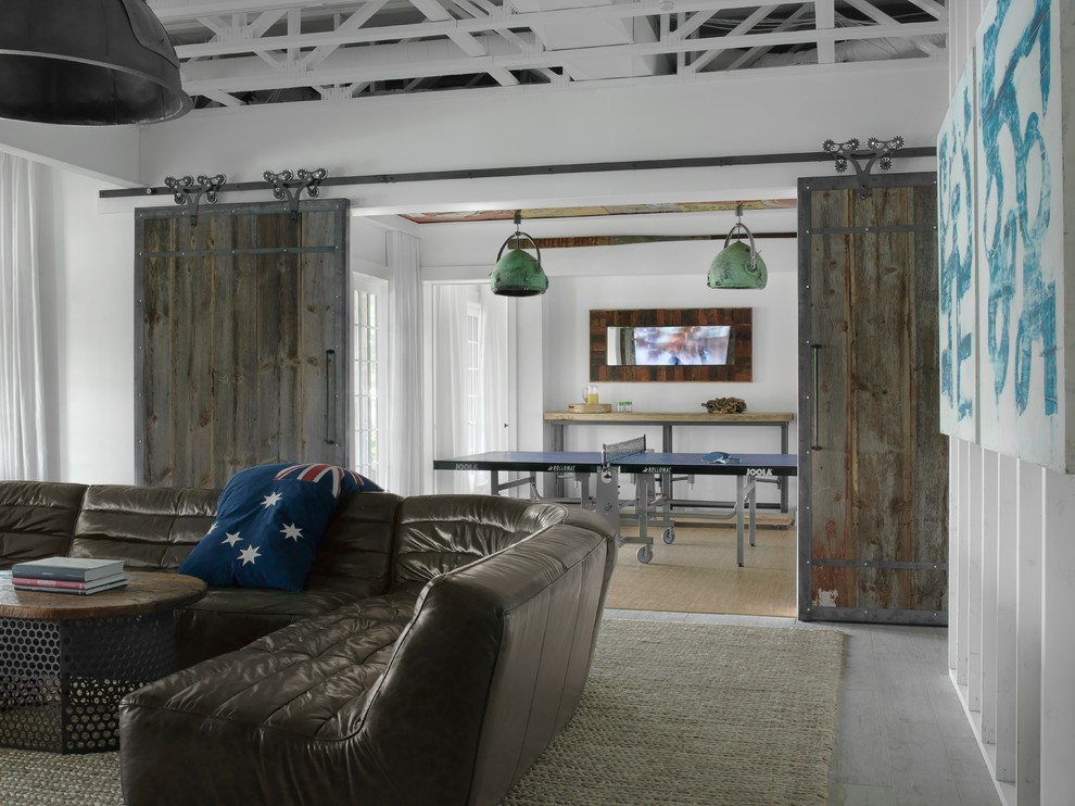 Design ideas for an industrial family room in St Louis.