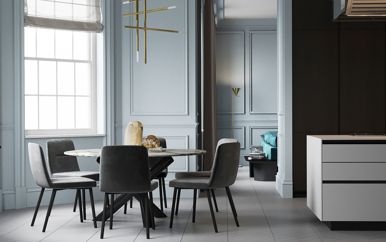 Интерьер зоны кухни-гостиной для загородного дома