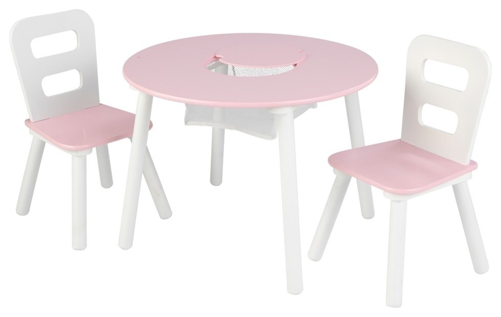 KidKraft Round Storage Table and 2 Chair Set, Pink and White