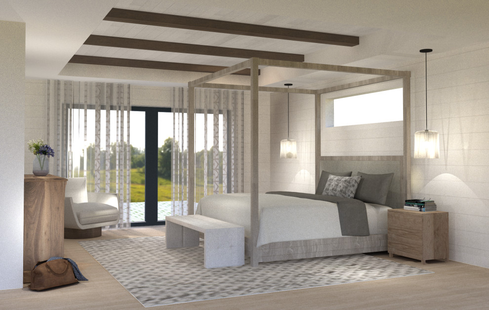 Imagen de dormitorio principal actual de tamaño medio sin chimenea con paredes blancas, suelo de madera clara, suelo beige, bandeja y machihembrado