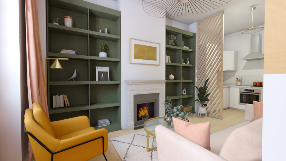 Modernes Wohnzimmer mit grüner Wandfarbe, hellem Holzboden, Kamin, Kaminumrandung aus Stein und TV-Wand in Lyon