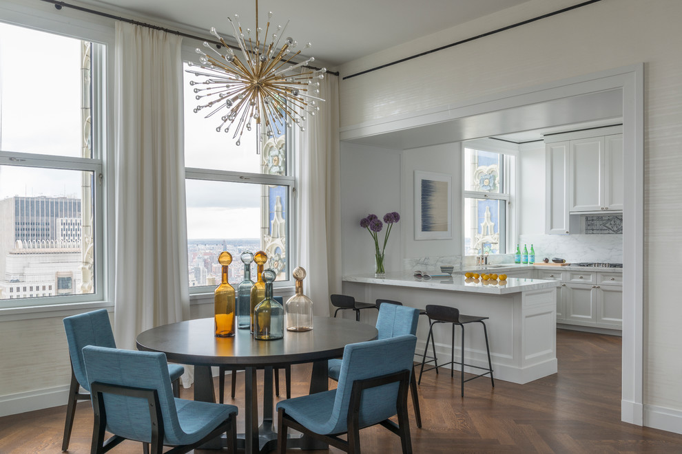 Mid-sized transitional kitchen/dining room combo photo in New York with white walls