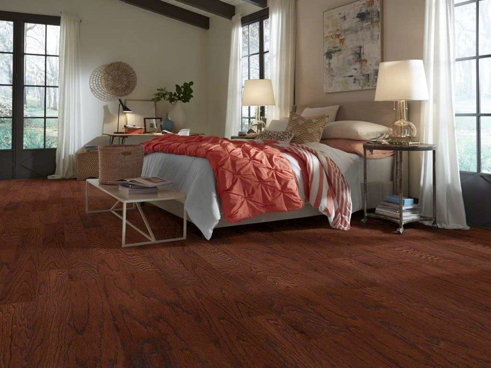 Bedroom - large transitional master dark wood floor and brown floor bedroom idea in Phoenix with gray walls and no fireplace