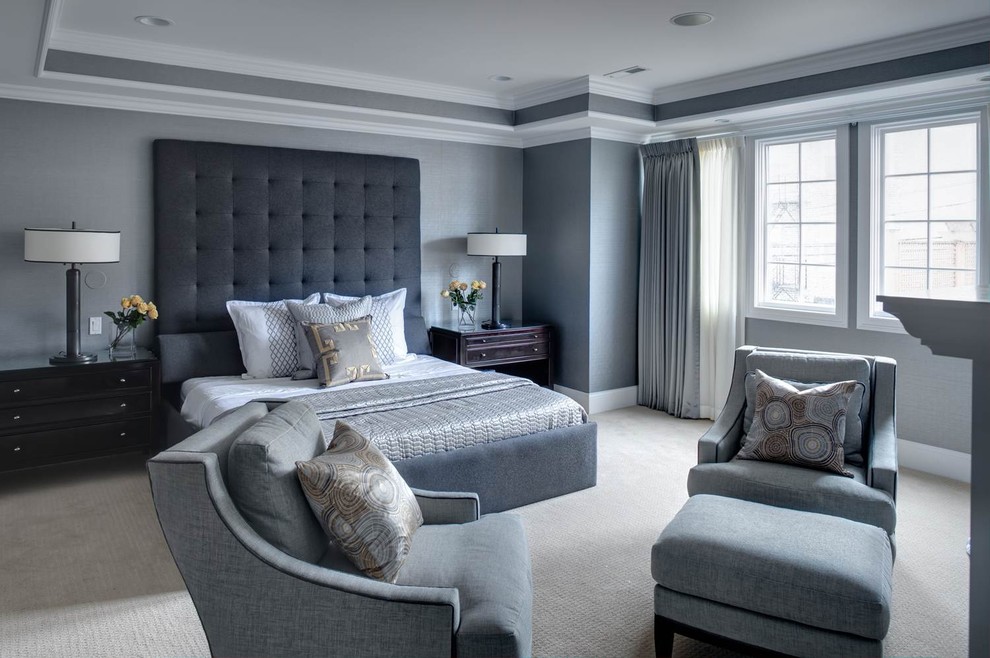 Expansive transitional master bedroom in Chicago with carpet, a stone fireplace surround and grey walls.