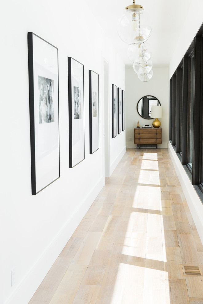 Design ideas for a transitional hallway in Salt Lake City with white walls and light hardwood floors.