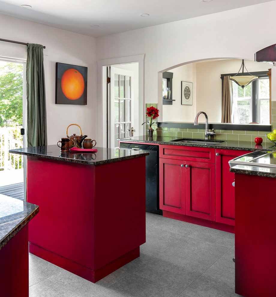 Inspiration for a mid-sized arts and crafts u-shaped separate kitchen in Other with an undermount sink, shaker cabinets, red cabinets, quartz benchtops, green splashback, ceramic splashback, stainless steel appliances, ceramic floors, with island, grey floor and black benchtop.