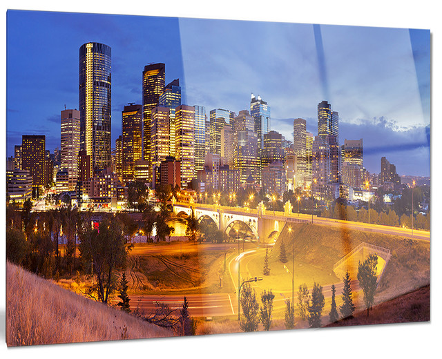 "Skyline of Calgary at Night Panorama" Metal Wall Art, 28"x12