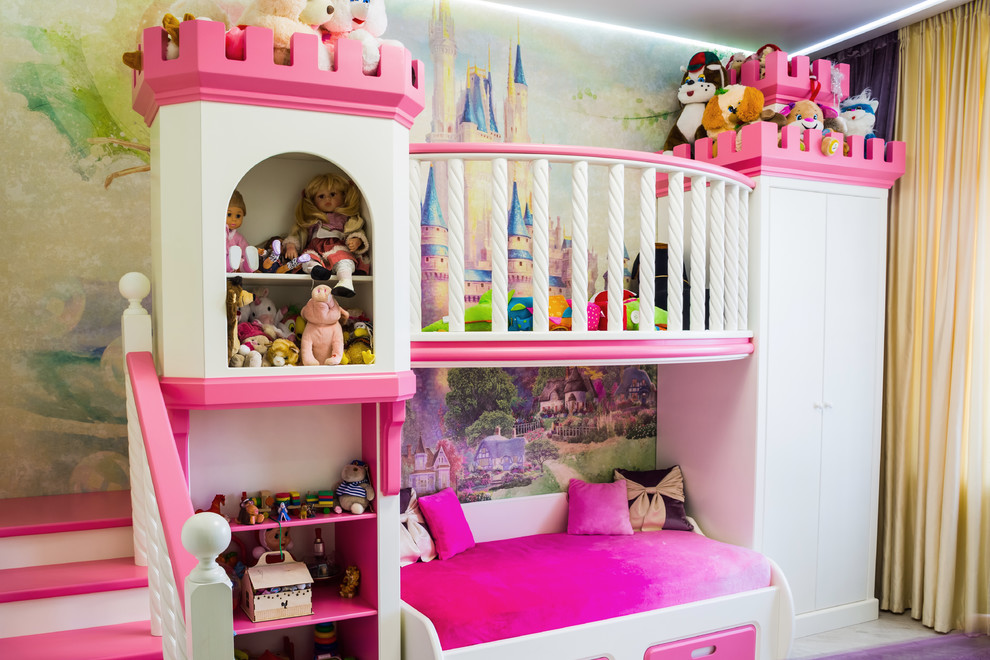This is an example of a mid-sized contemporary kids' room for girls in Other with laminate floors and grey floor.