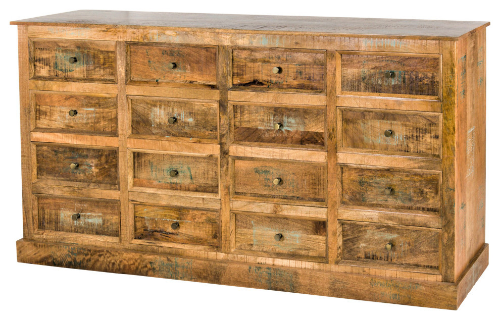 76" Reclaimed Distressed Wood 16 Drawer Storage Chest of Drawers