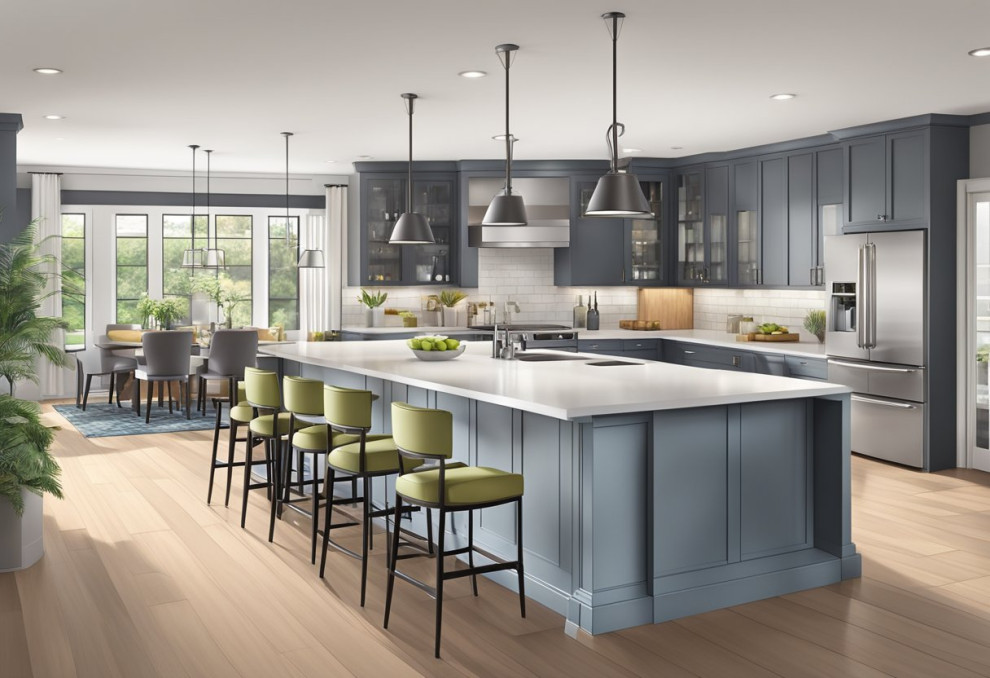 A kitchen with gray cabinets