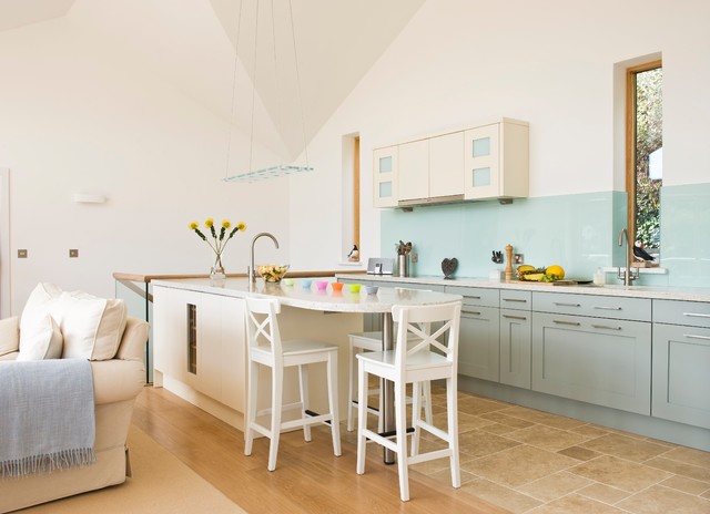 Bespoke Coastal Slab And Shaker Kitchen With Recycled Glass Oyster