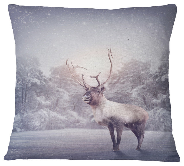 Huge Reindeer Standing in Snow Animal Throw Pillow, 16"x16"