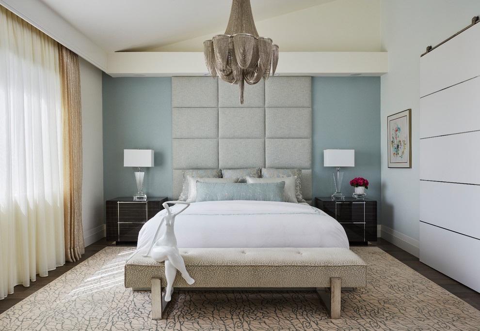 Mid-sized contemporary master bedroom in Miami with blue walls, dark hardwood floors and brown floor.