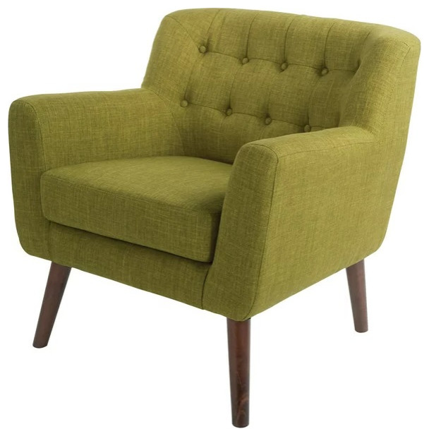 Mid Century Accent Chair, Angled Wooden Legs and Square Button Tufted Back, Green
