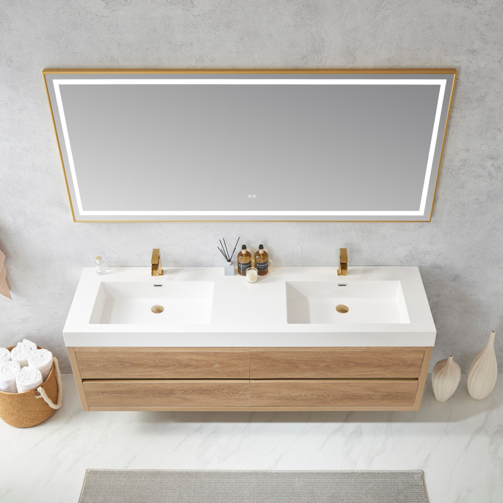 Foto di una stanza da bagno padronale minimalista con ante lisce, ante in legno chiaro, lavabo integrato, top bianco, due lavabi e mobile bagno sospeso