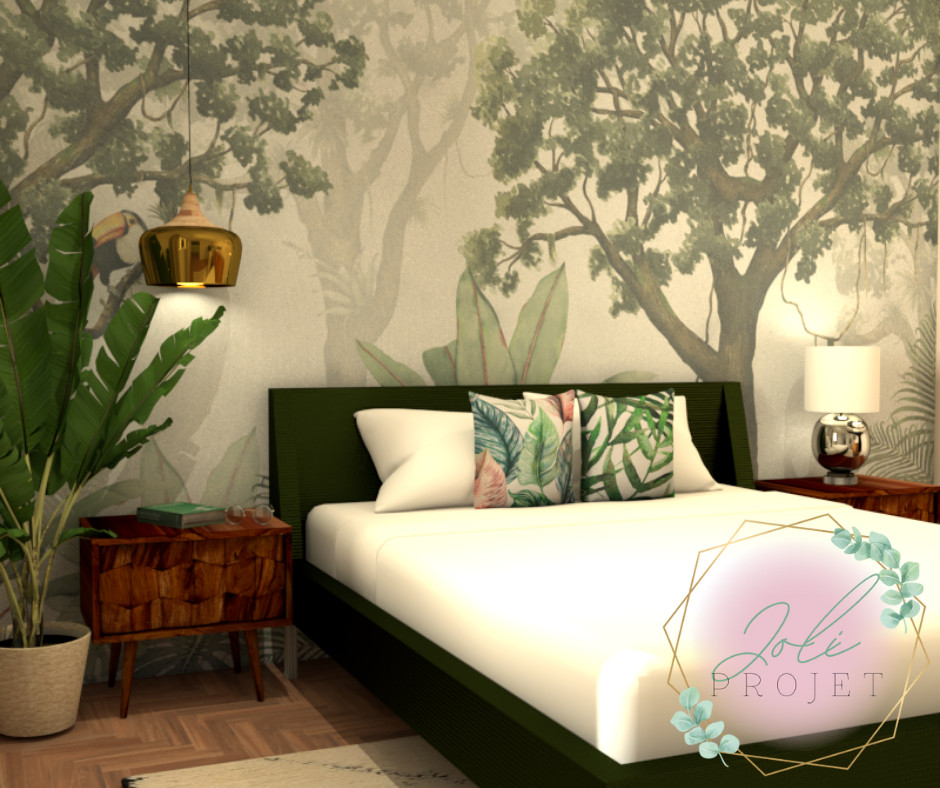 Пример оригинального дизайна: хозяйская спальня среднего размера в морском стиле с зелеными стенами, светлым паркетным полом, коричневым полом и обоями на стенах без камина