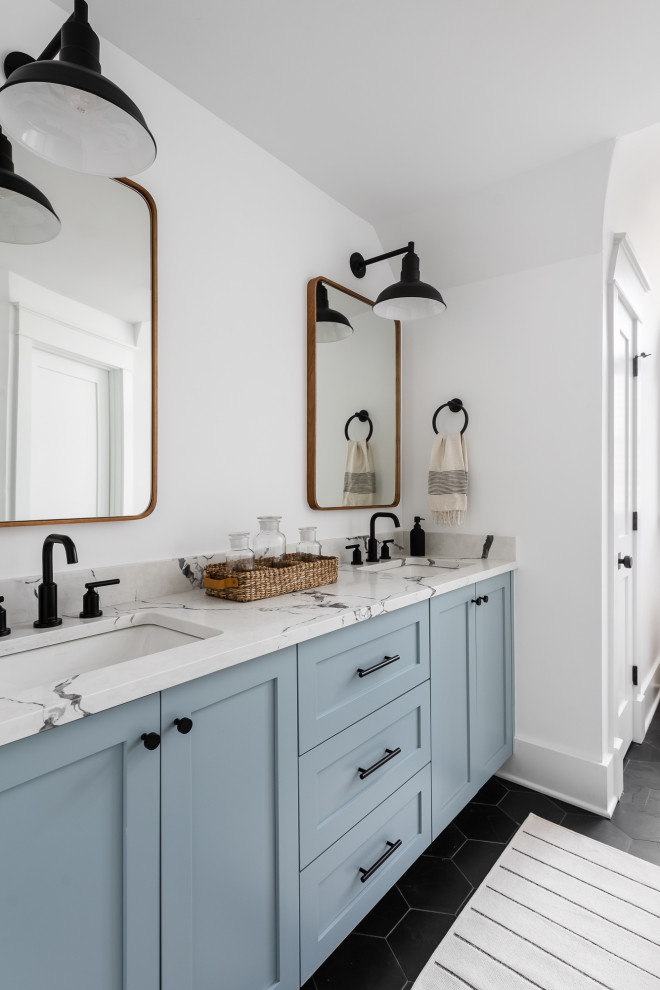 Design ideas for a large country kids bathroom in Chicago with blue cabinets, white tile, porcelain tile, white walls, slate floors, an undermount sink, engineered quartz benchtops, black floor, white benchtops, a double vanity, a built-in vanity and shaker cabinets.