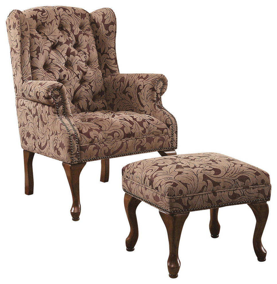 Classic Accent Chair With Ottoman, Light Brown - Traditional