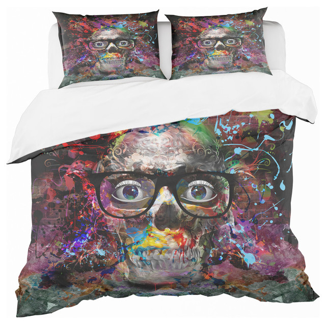 Colorful Human Skull With Glasses Modern Duvet Cover, Twin