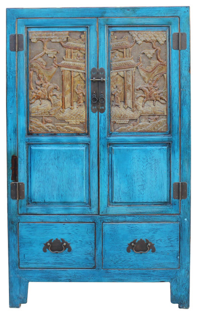 Chinese Distressed Bright Blue Golden Brown Carving Storage