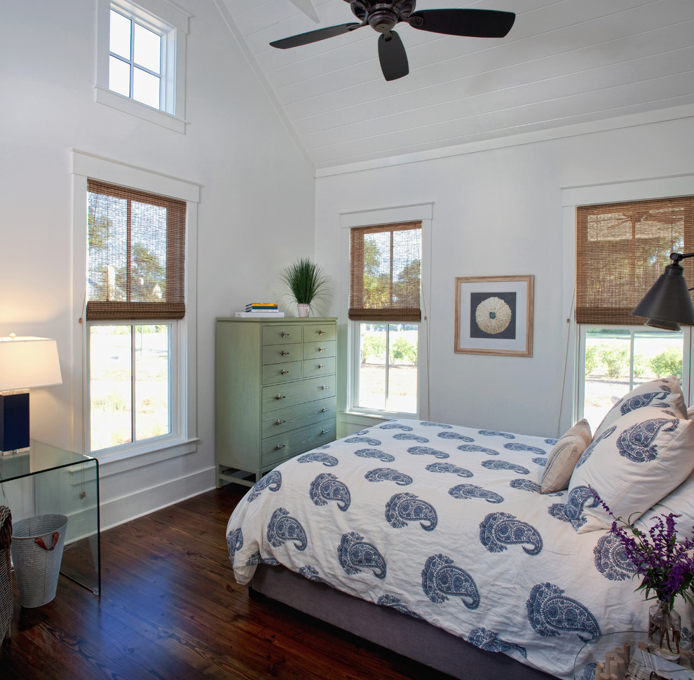 Design ideas for a small country master bedroom in Atlanta with white walls and dark hardwood floors.