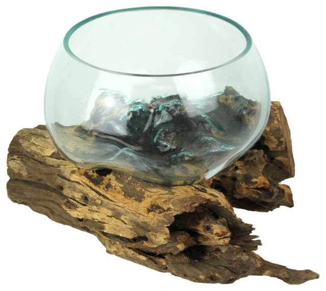 Blown Melted Glass Decorative Bowl / Terrarium On Teak Driftwood Base