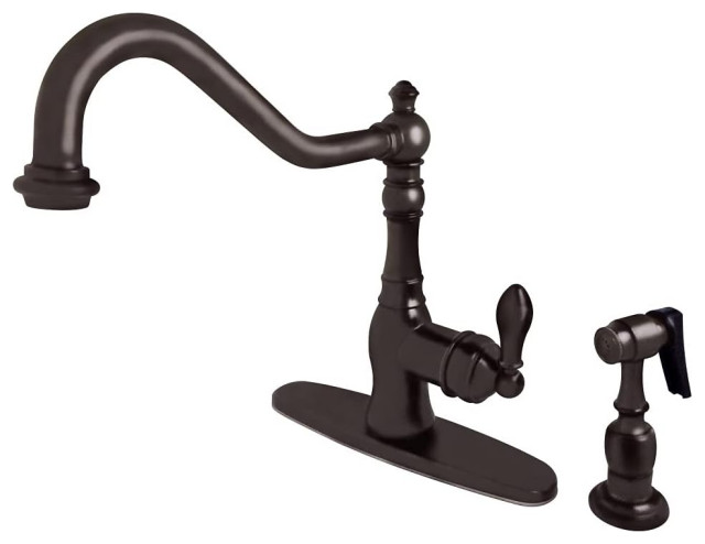 Traditional Kitchen Faucet, Curved Spout With Side Sprayer, Oil Rubbed Bronze