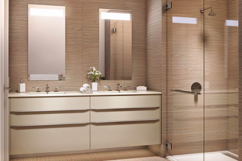Photo of a large contemporary master bathroom in San Francisco with flat-panel cabinets, beige cabinets, an open shower, brown tile, brown walls, laminate floors, a drop-in sink, granite benchtops, beige floor, an open shower, white benchtops, a double vanity, a built-in vanity and planked wall panelling.