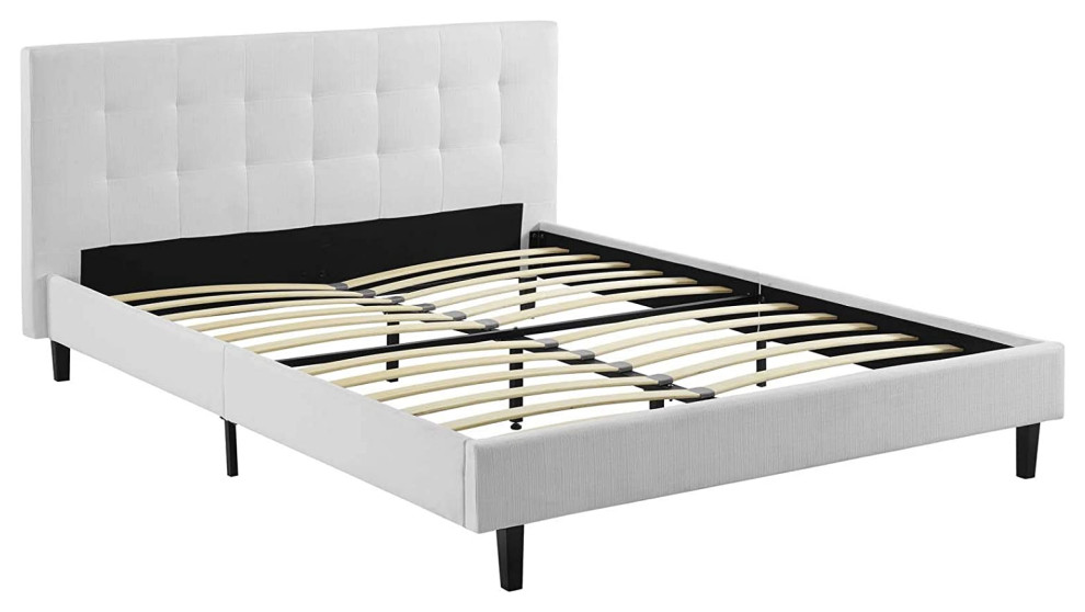 Mid Century Modern Full Size Bed Frame, Deep Tufted Polyester Headboard, White