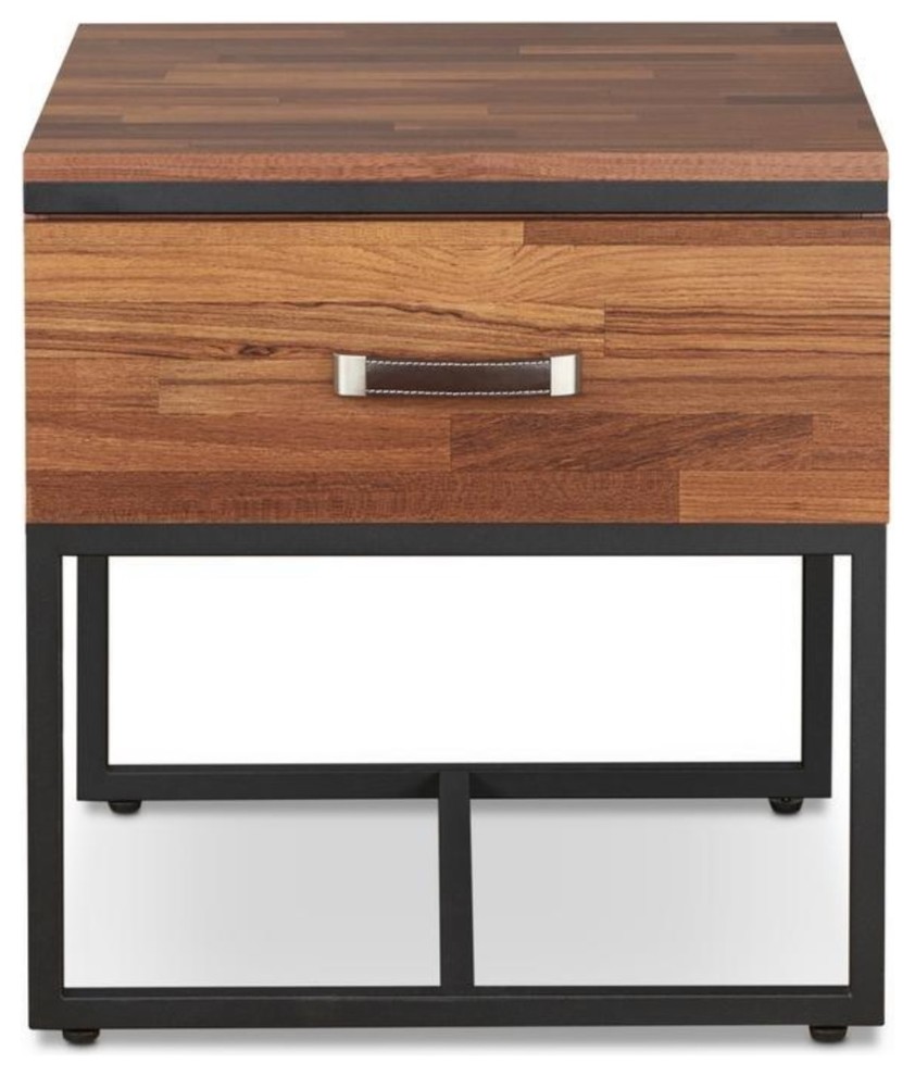 Metal Frame Rectangular End Table with Wooden Drawer, Walnut Brown and