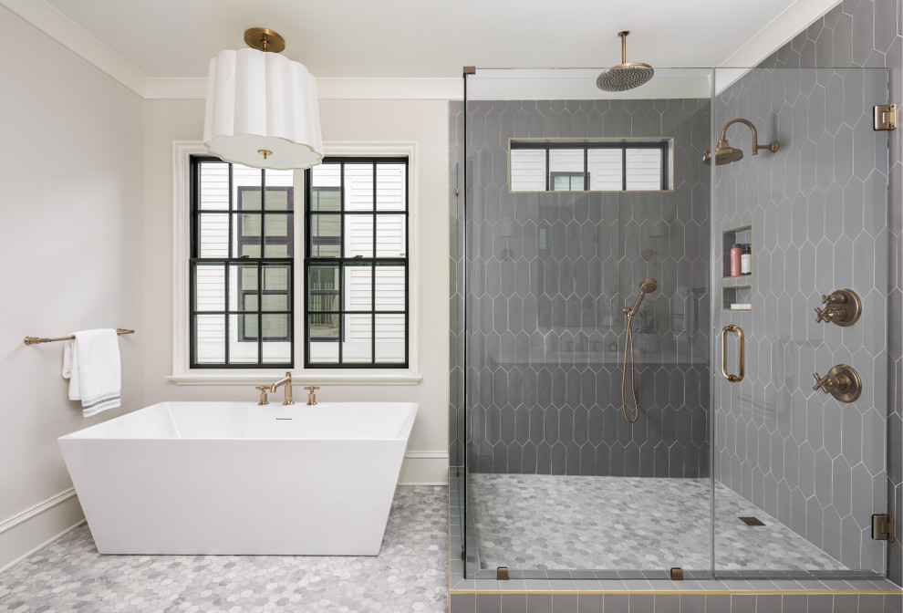 Design ideas for a large classic ensuite bathroom in Charlotte with brown cabinets, a freestanding bath, a corner shower, a built-in sink, marble worktops, white worktops, double sinks and a freestanding vanity unit.