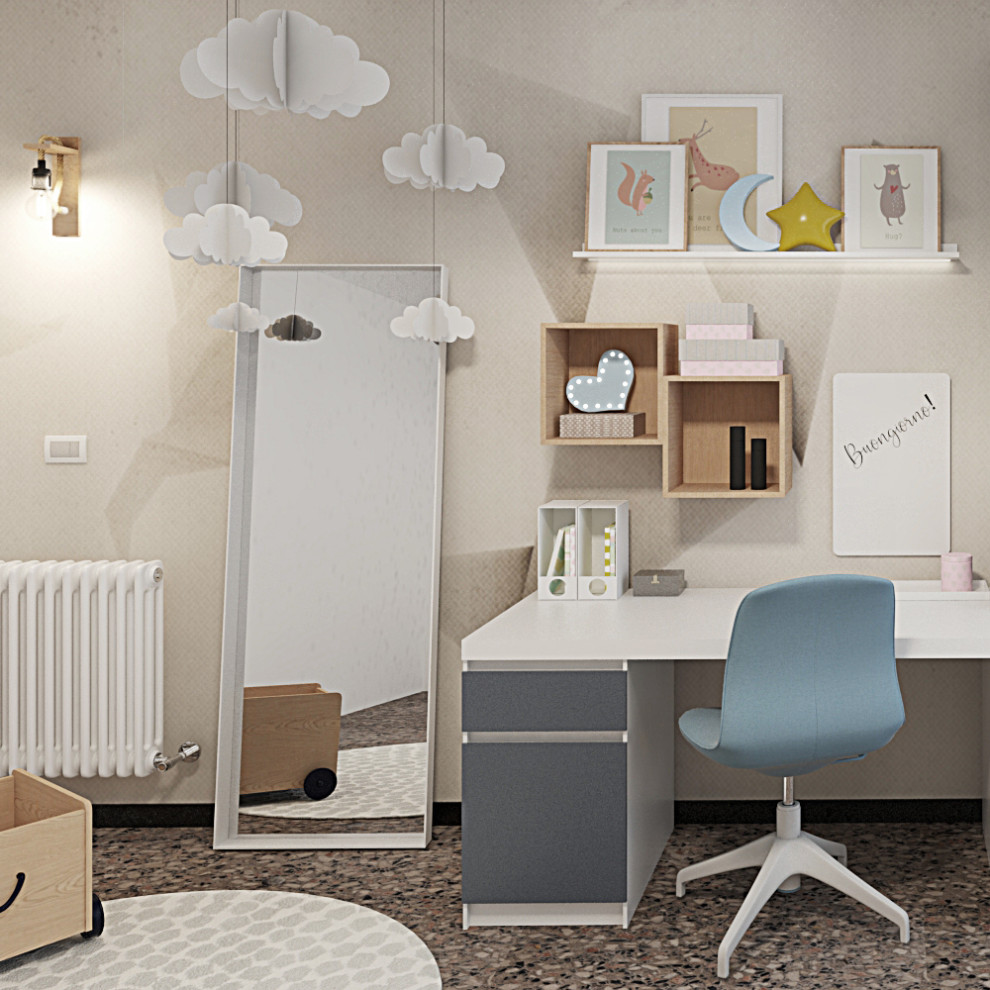 Ejemplo de habitación infantil unisex de 4 a 10 años contemporánea de tamaño medio con escritorio, paredes beige, suelo de travertino y papel pintado