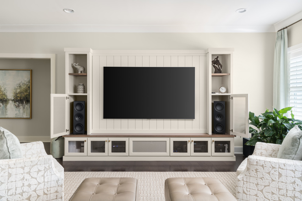 Example of a transitional dark wood floor and brown floor family room design in Atlanta with beige walls and a media wall