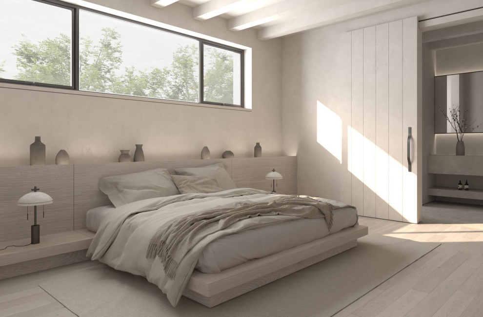 Diseño de dormitorio principal nórdico de tamaño medio con paredes blancas, suelo de madera clara y casetón