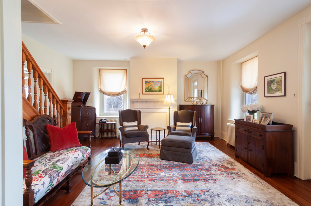 Mid-sized transitional medium tone wood floor and brown floor foyer photo in Philadelphia with white walls and a white front door