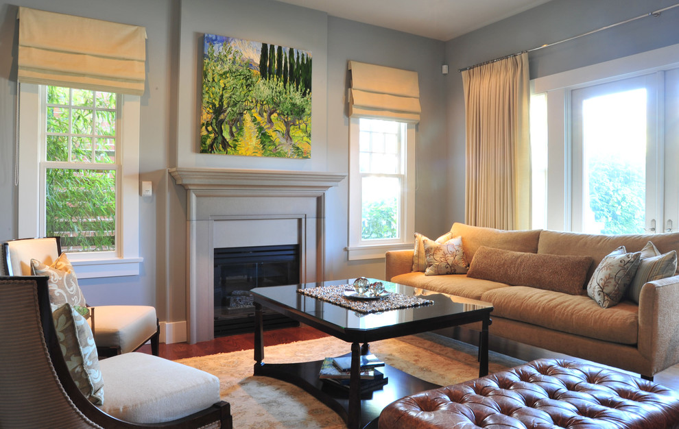 Inspiration for a mid-sized traditional living room in Vancouver with blue walls.