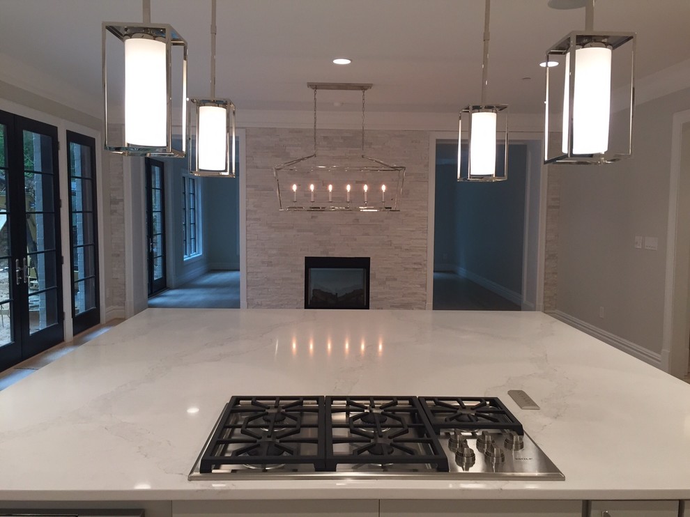 This is an example of a large contemporary kitchen in DC Metro with shaker cabinets, with island, quartz benchtops and stainless steel appliances.