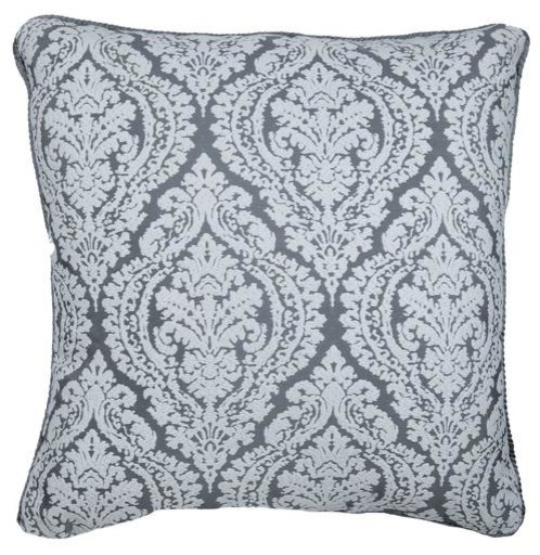 Grey Throw Pillow Cover, Gray and Ivory Damask 24"x24" Silk, Frosted Damask